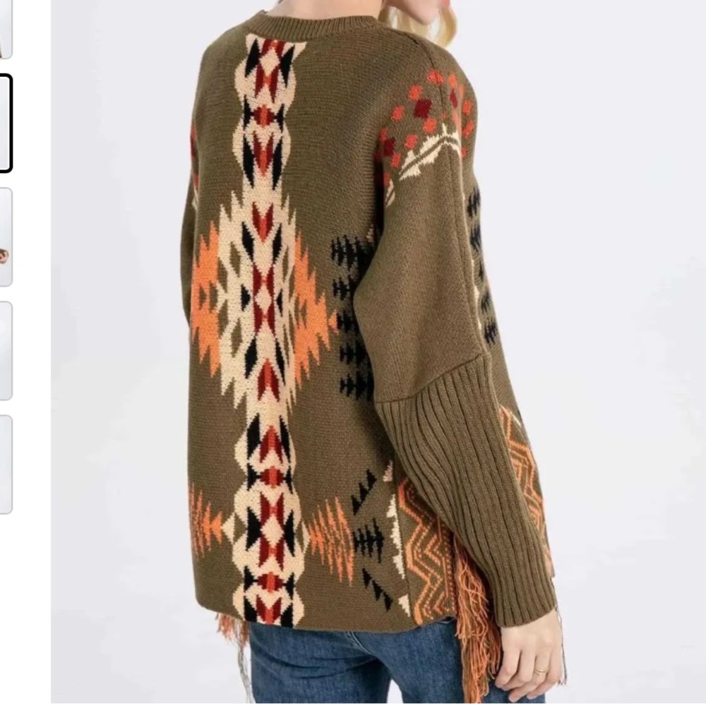 NWT Cotton & Rye Women's Southwestern Fringe Poncho Sweater Olive Brown size S - Picture 2 of 13